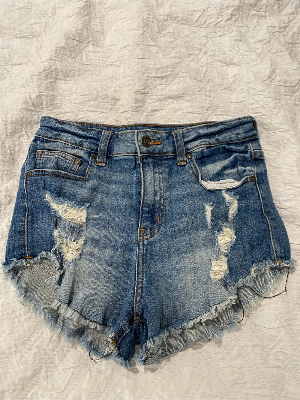 eunina Distressed Light Blue High-Rise Denim Shorts